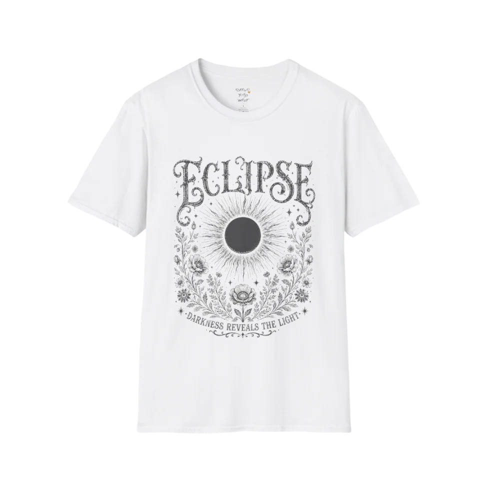 White Eclipse T-Shirt featuring a dark eclipse illustration with ornate celestial detailing and vintage mystical artwork in a distressed soft charcoal print.