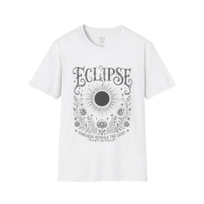 White Eclipse T-Shirt featuring a dark eclipse illustration with ornate celestial detailing and vintage mystical artwork in a distressed soft charcoal print.