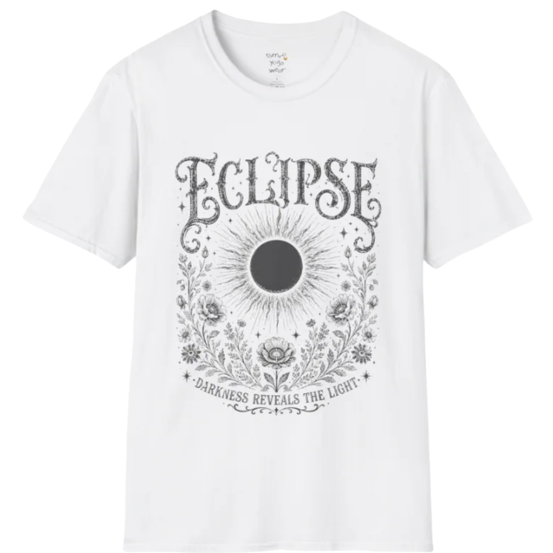 White Eclipse T-Shirt featuring a dark eclipse illustration with ornate celestial detailing and vintage mystical artwork in a distressed soft charcoal print.