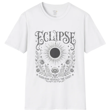 White Eclipse T-Shirt featuring a dark eclipse illustration with ornate celestial detailing and vintage mystical artwork in a distressed soft charcoal print.