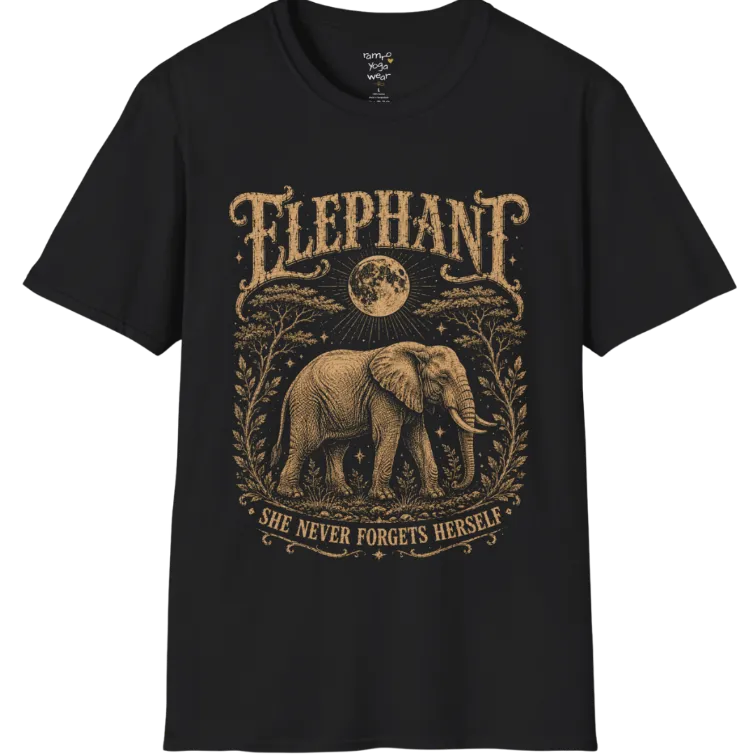 A grunge tee with an illustrated elephant beneath a crescent moon, botanical linework framing the scene, text reading "Elephant" and "She Never Forgets Herself" — Wild Animals collection by Ramro Yoga Wear in Black.