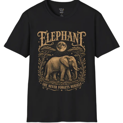 A grunge tee with an illustrated elephant beneath a crescent moon, botanical linework framing the scene, text reading "Elephant" and "She Never Forgets Herself" — Wild Animals collection by Ramro Yoga Wear in Black.