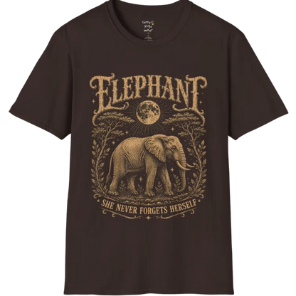 A grunge tee with an illustrated elephant beneath a crescent moon, botanical linework framing the scene, text reading "Elephant" and "She Never Forgets Herself" — Wild Animals collection by Ramro Yoga Wear in Dark Chocolate.