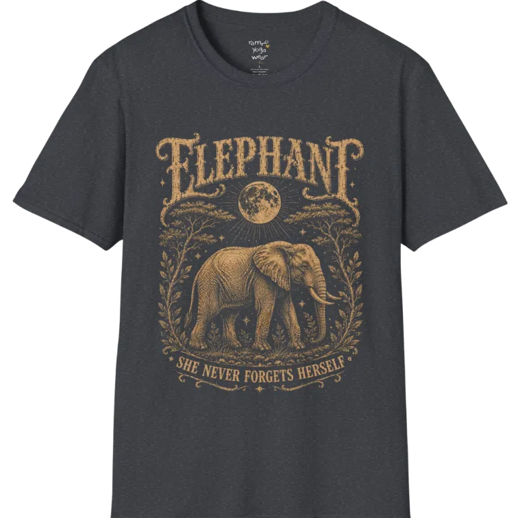 A grunge tee with an illustrated elephant beneath a crescent moon, botanical linework framing the scene, text reading "Elephant" and "She Never Forgets Herself" — Wild Animals collection by Ramro Yoga Wear in Dark Heather Grey.
