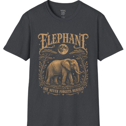 A grunge tee with an illustrated elephant beneath a crescent moon, botanical linework framing the scene, text reading "Elephant" and "She Never Forgets Herself" — Wild Animals collection by Ramro Yoga Wear in Dark Heather Grey.