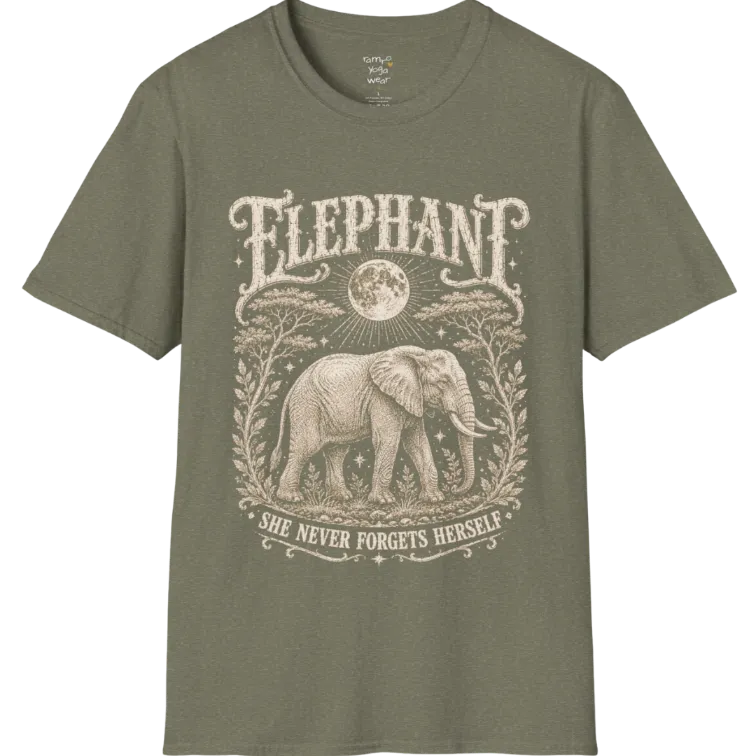 A grunge tee with an illustrated elephant beneath a crescent moon, botanical linework framing the scene, text reading "Elephant" and "She Never Forgets Herself" — Wild Animals collection by Ramro Yoga Wear in Heather Military Green.