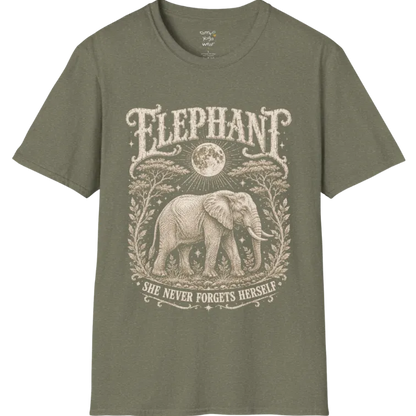A grunge tee with an illustrated elephant beneath a crescent moon, botanical linework framing the scene, text reading "Elephant" and "She Never Forgets Herself" — Wild Animals collection by Ramro Yoga Wear in Heather Military Green.