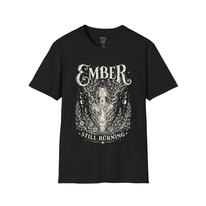 Black Ember T-Shirt featuring mystical vintage goddess artwork with celestial detailing and soft spiritual streetwear aesthetic.