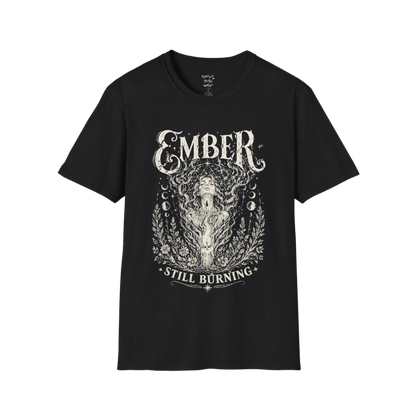 Black Ember T-Shirt featuring mystical vintage goddess artwork with celestial detailing and soft spiritual streetwear aesthetic.