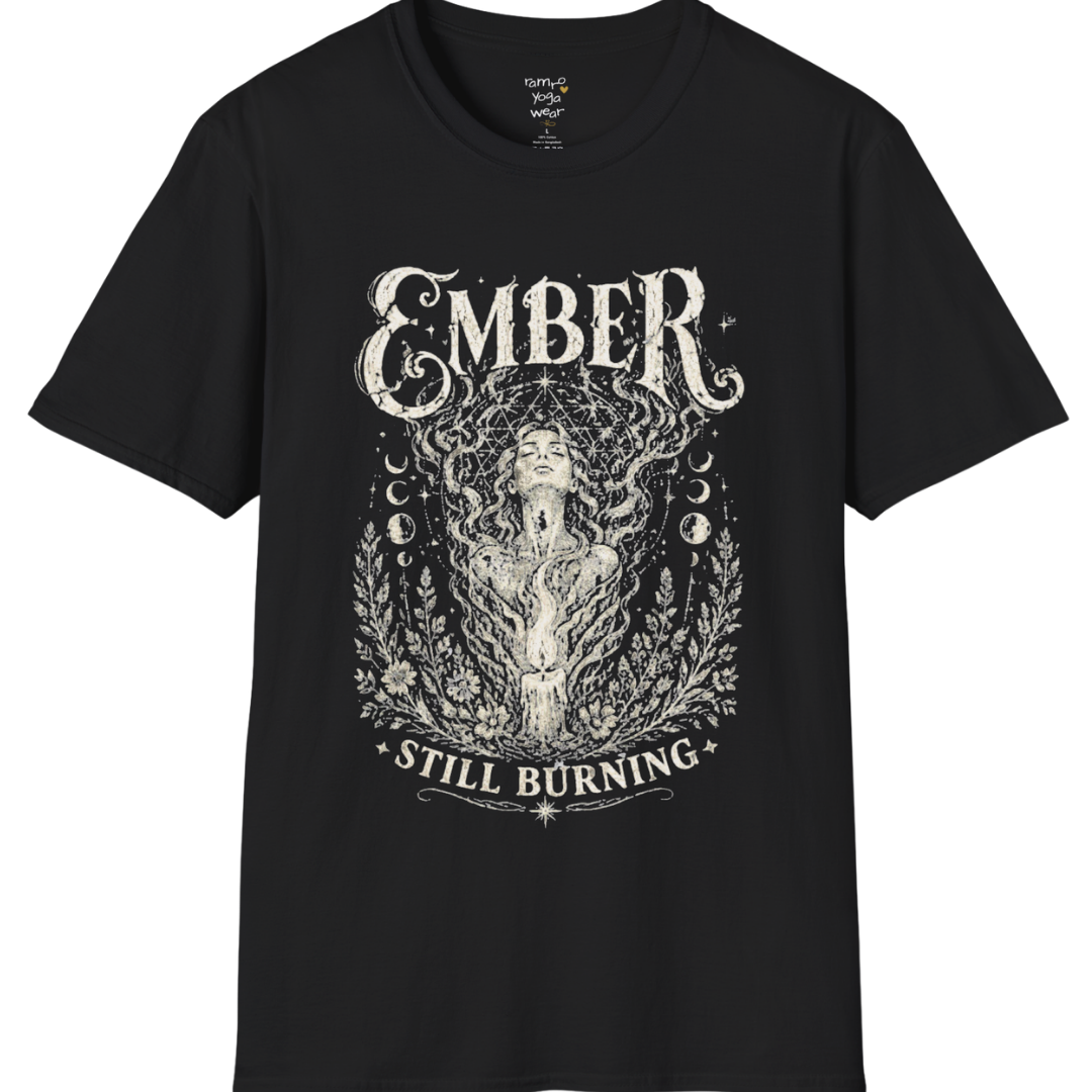 Black Ember T-Shirt featuring mystical vintage goddess artwork with celestial detailing and soft spiritual streetwear aesthetic.