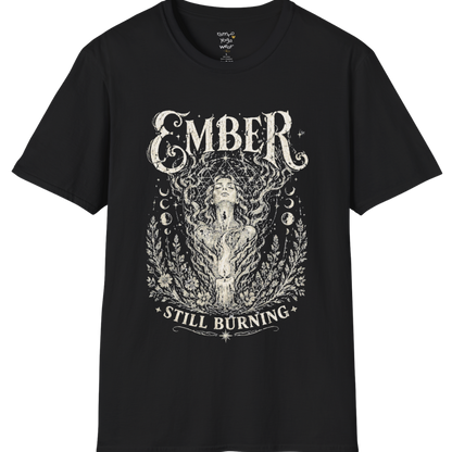 Black Ember T-Shirt featuring mystical vintage goddess artwork with celestial detailing and soft spiritual streetwear aesthetic.