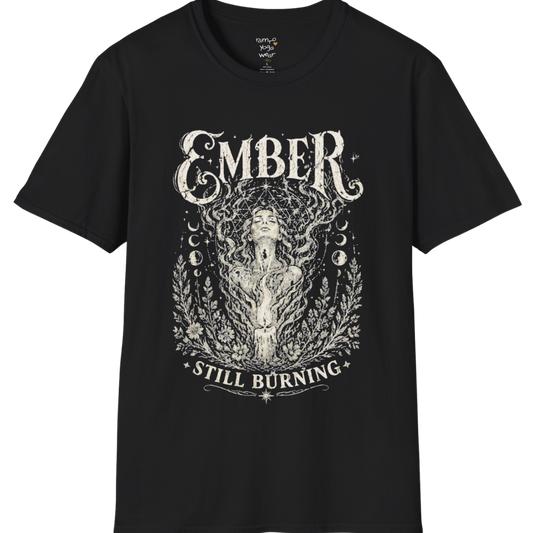 Black Ember T-Shirt featuring mystical vintage goddess artwork with celestial detailing and soft spiritual streetwear aesthetic.