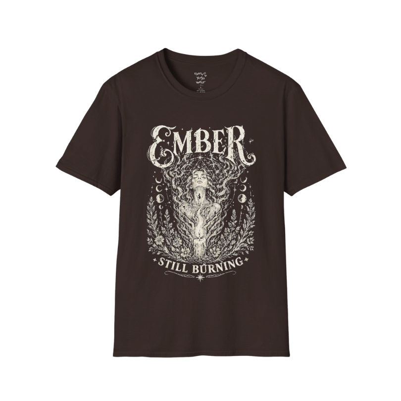 Dark Chocolate Ember T-Shirt with vintage etched mystical artwork inspired by sacred fire, transformation, and soulful energy.