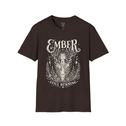 Dark Chocolate Ember T-Shirt with vintage etched mystical artwork inspired by sacred fire, transformation, and soulful energy.