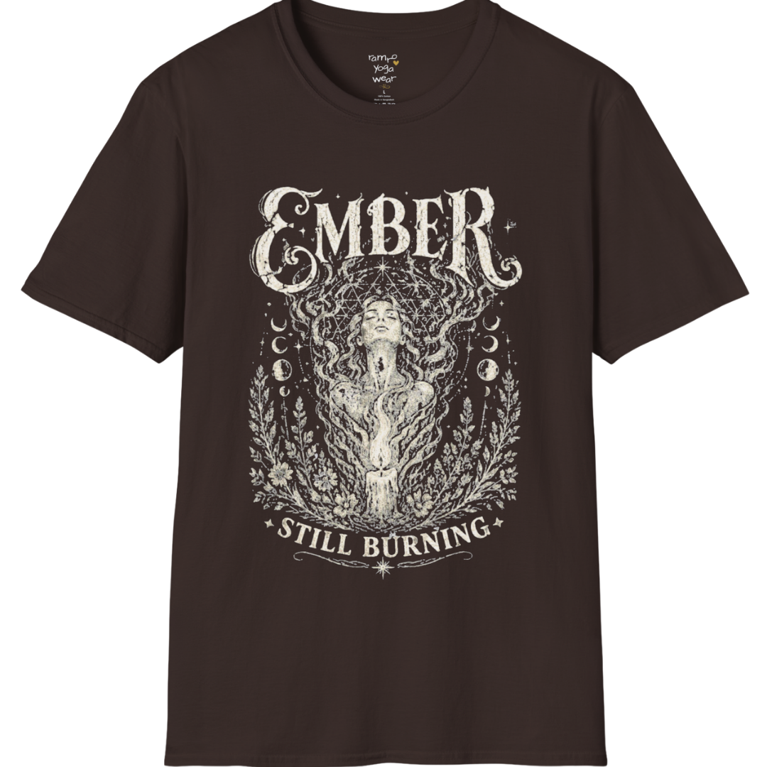 Dark Chocolate Ember T-Shirt with vintage etched mystical artwork inspired by sacred fire, transformation, and soulful energy.