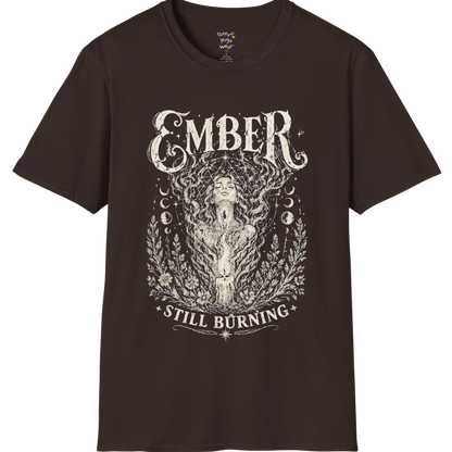 Dark Chocolate Ember T-Shirt with vintage etched mystical artwork inspired by sacred fire, transformation, and soulful energy.