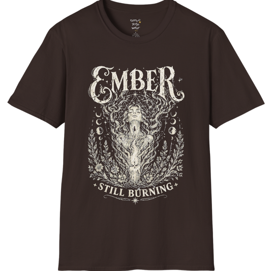 Dark Chocolate Ember T-Shirt with vintage etched mystical artwork inspired by sacred fire, transformation, and soulful energy.