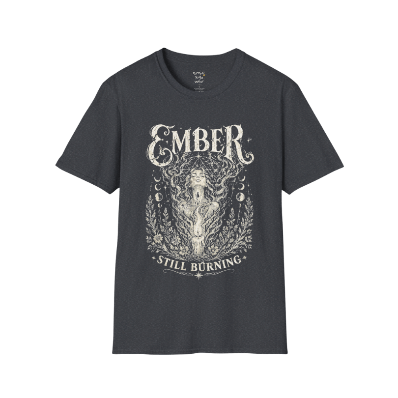 Dark Heather Grey Ember T-Shirt featuring distressed spiritual artwork with celestial goddess illustration and vintage typography.