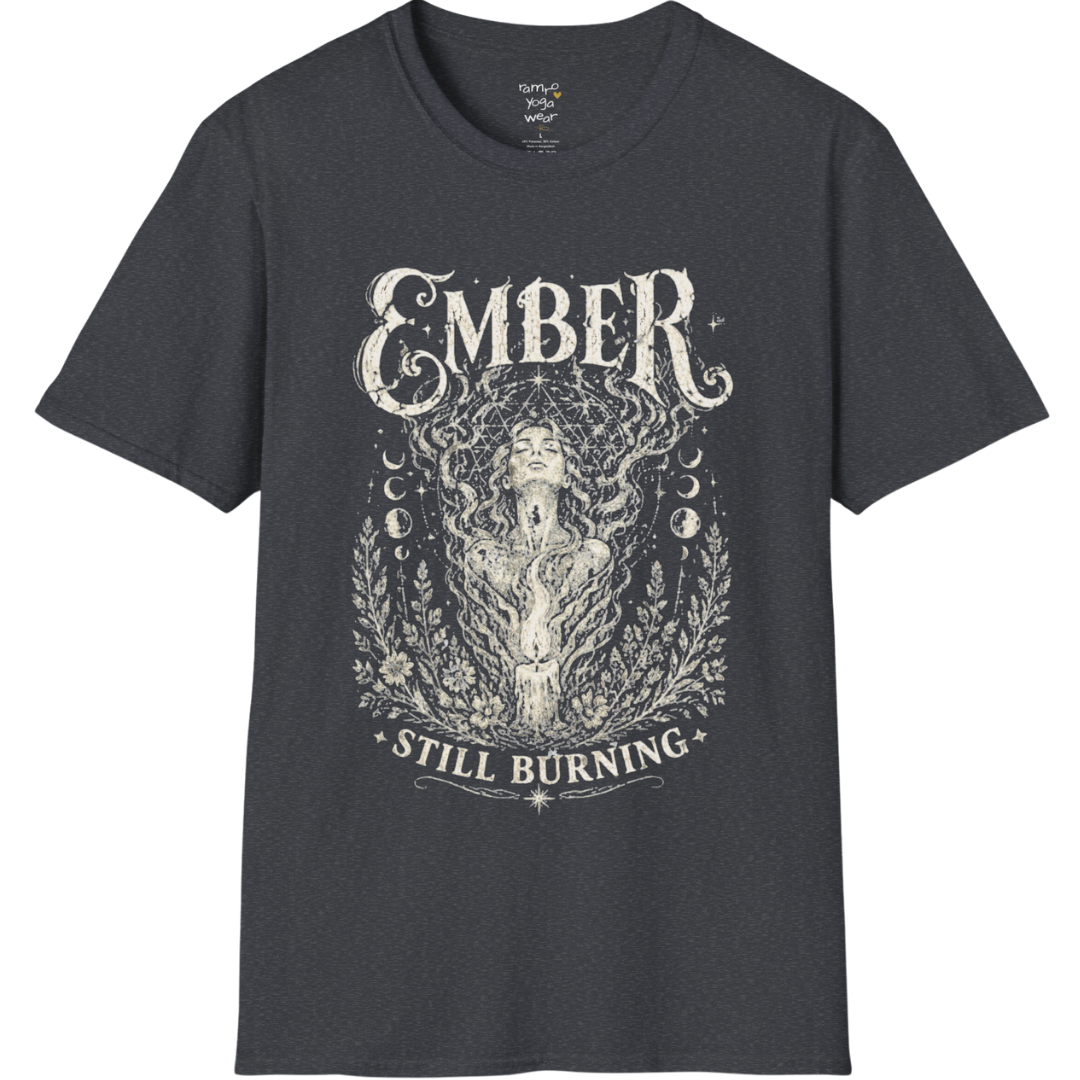 Dark Heather Grey Ember T-Shirt featuring distressed spiritual artwork with celestial goddess illustration and vintage typography.