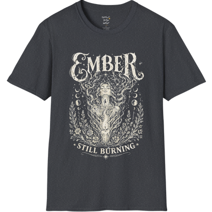 Dark Heather Grey Ember T-Shirt featuring distressed spiritual artwork with celestial goddess illustration and vintage typography.