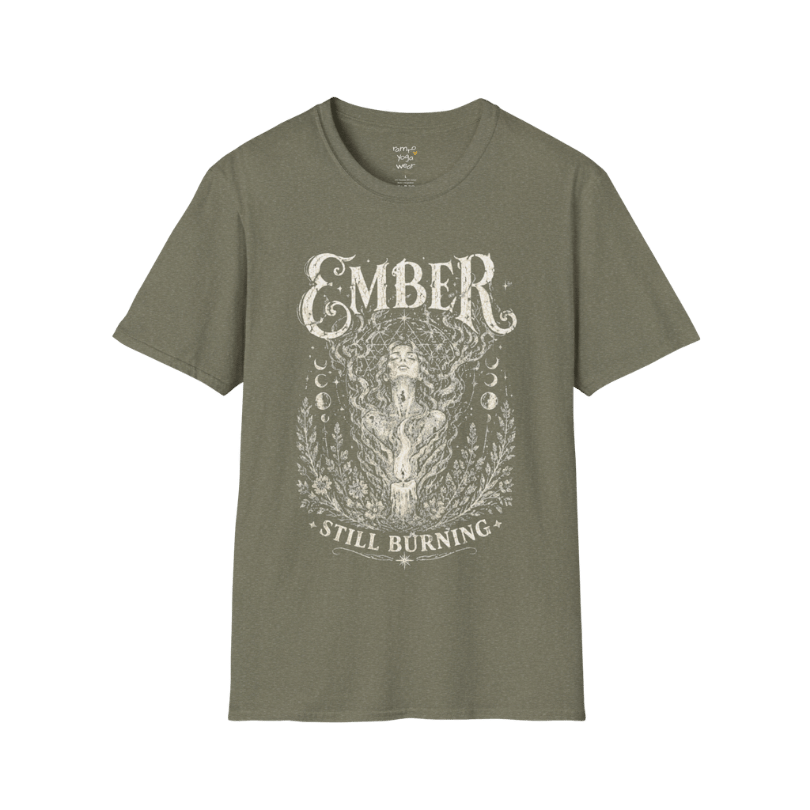 Heather Military Green Ember T-Shirt with mystical engraved artwork and earthy bohemian yoga-inspired style.