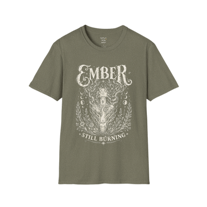 Heather Military Green Ember T-Shirt with mystical engraved artwork and earthy bohemian yoga-inspired style.