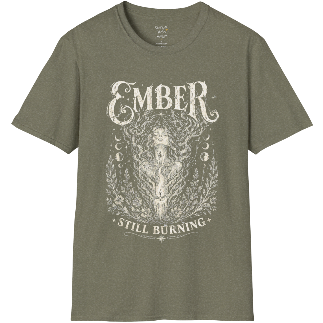 Heather Military Green Ember T-Shirt with mystical engraved artwork and earthy bohemian yoga-inspired style.