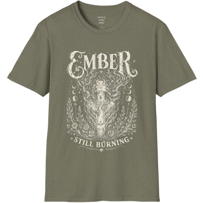 Heather Military Green Ember T-Shirt with mystical engraved artwork and earthy bohemian yoga-inspired style.