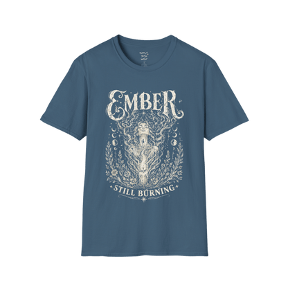 Indigo Blue Ember T-Shirt featuring vintage celestial artwork with a calm spiritual aesthetic and soulful energy.
