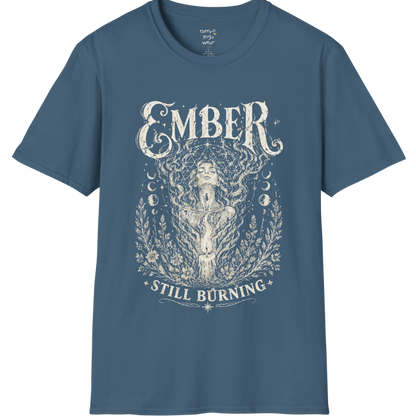 Indigo Blue Ember T-Shirt featuring vintage celestial artwork with a calm spiritual aesthetic and soulful energy.