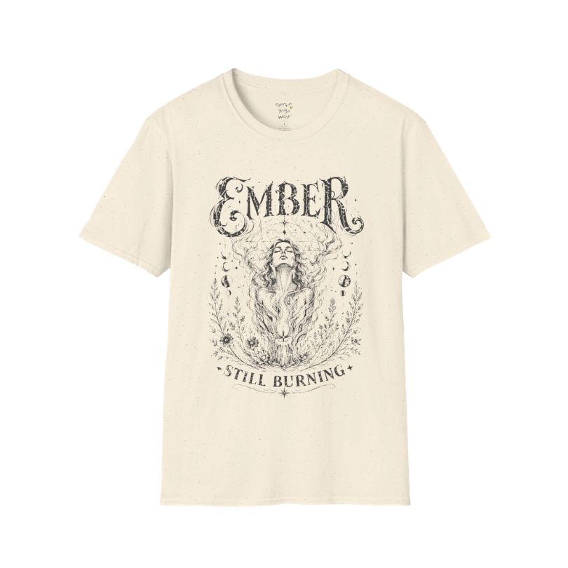 Natural Ember T-Shirt with soft mystical goddess artwork in a vintage etched illustration style.