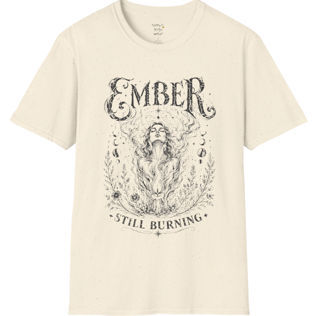 Natural Ember T-Shirt with soft mystical goddess artwork in a vintage etched illustration style.