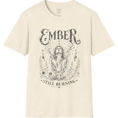 Natural Ember T-Shirt with soft mystical goddess artwork in a vintage etched illustration style.