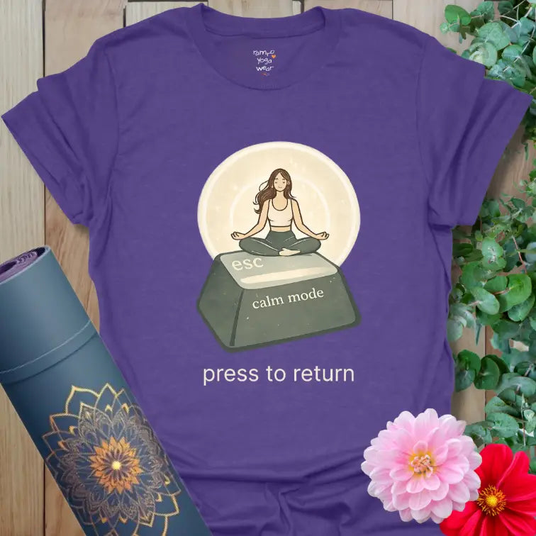 Heather Purple Esc T-Shirt with soulful meditation artwork and escape key concept. Relaxed yoga-inspired shirt.