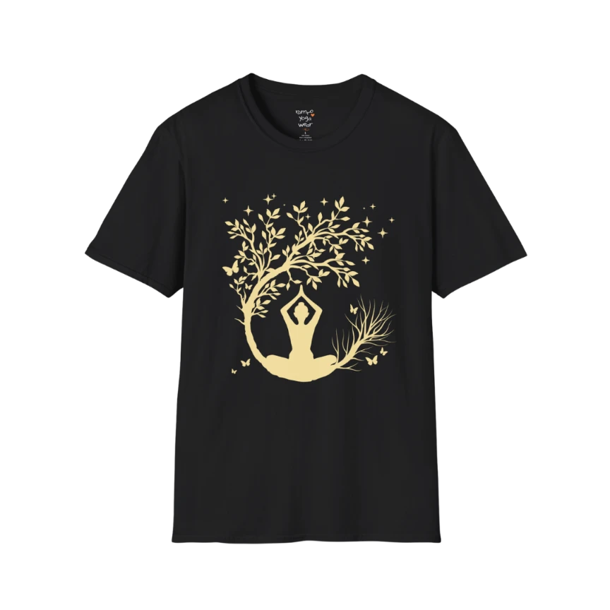 Serene meditating silhouette beneath a flowing tree design — The Vault collection by Ramro Yoga Wear — Black