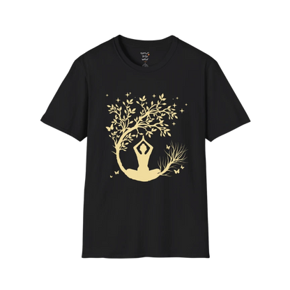 Serene meditating silhouette beneath a flowing tree design — The Vault collection by Ramro Yoga Wear — Black