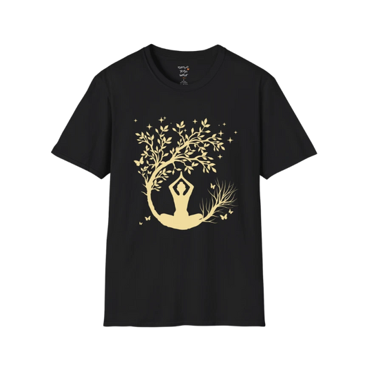 Serene meditating silhouette beneath a flowing tree design — The Vault collection by Ramro Yoga Wear — Black