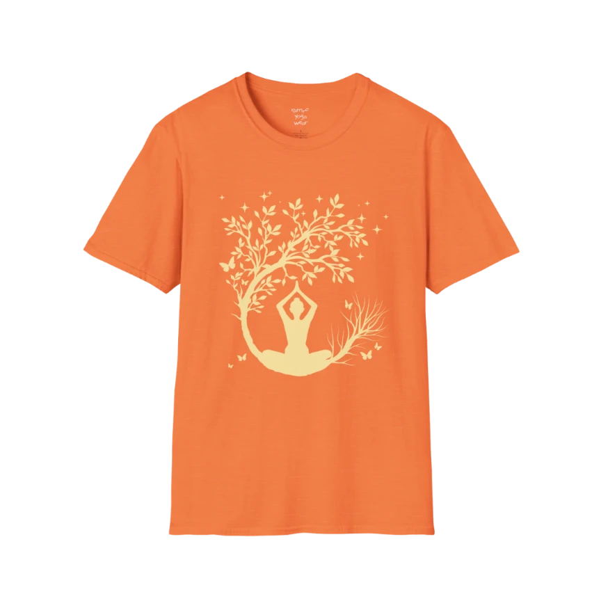 Serene meditating silhouette beneath a flowing tree design — The Vault collection by Ramro Yoga Wear — Heather Orange