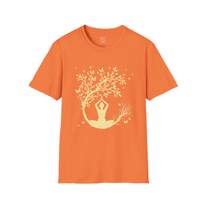 Serene meditating silhouette beneath a flowing tree design — The Vault collection by Ramro Yoga Wear — Heather Orange