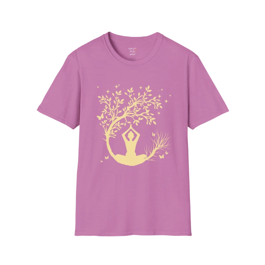 Serene meditating silhouette beneath a flowing tree design — The Vault collection by Ramro Yoga Wear — Heather Radiant Orchid