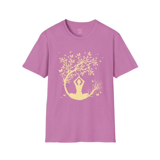 Evening Meditation T-Shirt in heather radiant orchid featuring calming meditation silhouette and tree, soft mindful design.