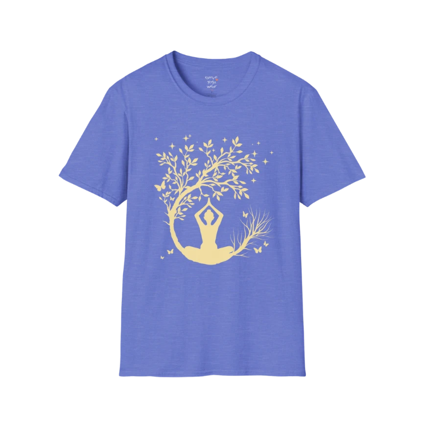 Serene meditating silhouette beneath a flowing tree design — The Vault collection by Ramro Yoga Wear — Heather Royal