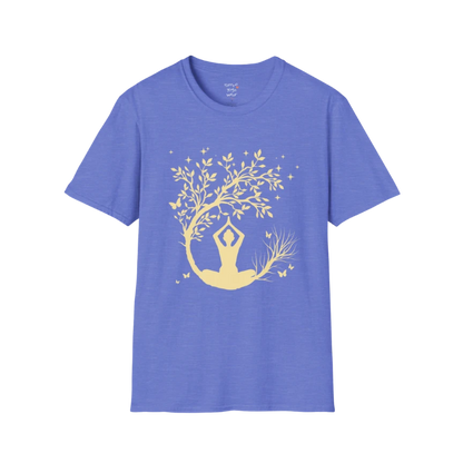 Serene meditating silhouette beneath a flowing tree design — The Vault collection by Ramro Yoga Wear — Heather Royal