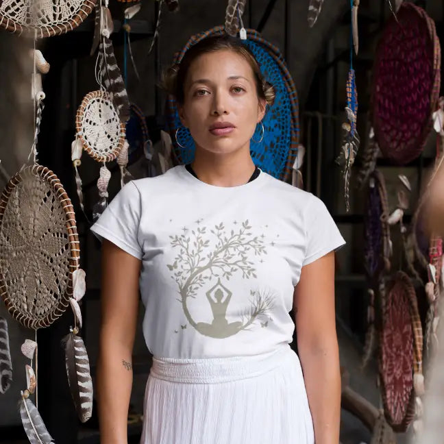Woman wearing Evening Meditation T-Shirt White sacred yoga shirt standing indoors in a relaxed boho setting — The Vault collection by Ramro Yoga Wear"