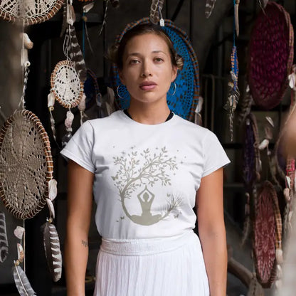 Woman wearing Evening Meditation T-Shirt White sacred yoga shirt standing indoors in a relaxed boho setting — The Vault collection by Ramro Yoga Wear"