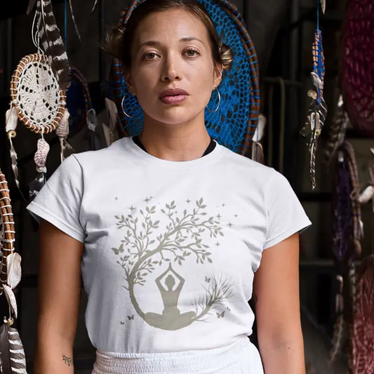 Woman wearing Evening Meditation T-Shirt White sacred yoga shirt standing indoors in a relaxed boho setting — The Vault collection by Ramro Yoga Wear