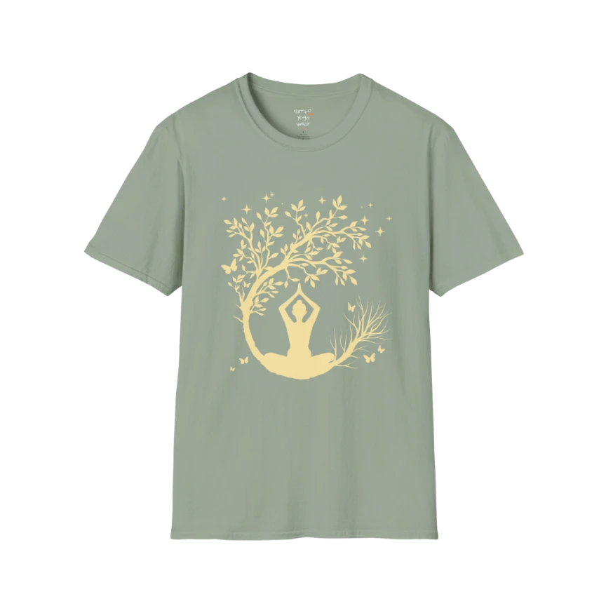 Serene meditating silhouette beneath a flowing tree design — The Vault collection by Ramro Yoga Wear — Sage
