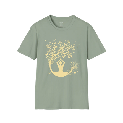 Serene meditating silhouette beneath a flowing tree design — The Vault collection by Ramro Yoga Wear — Sage