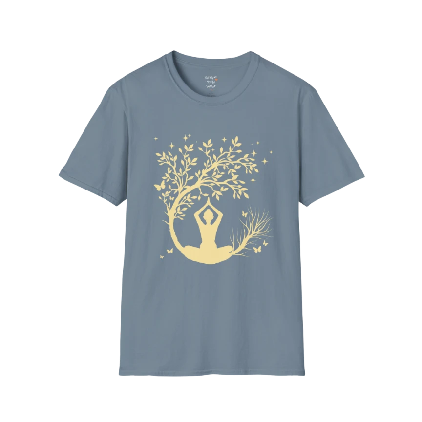 Serene meditating silhouette beneath a flowing tree design — The Vault collection by Ramro Yoga Wear — Stone Blue