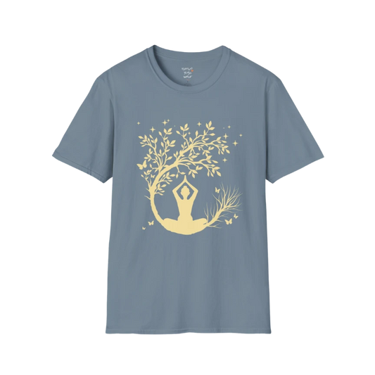 Serene meditating silhouette beneath a flowing tree design — The Vault collection by Ramro Yoga Wear — Stone Blue